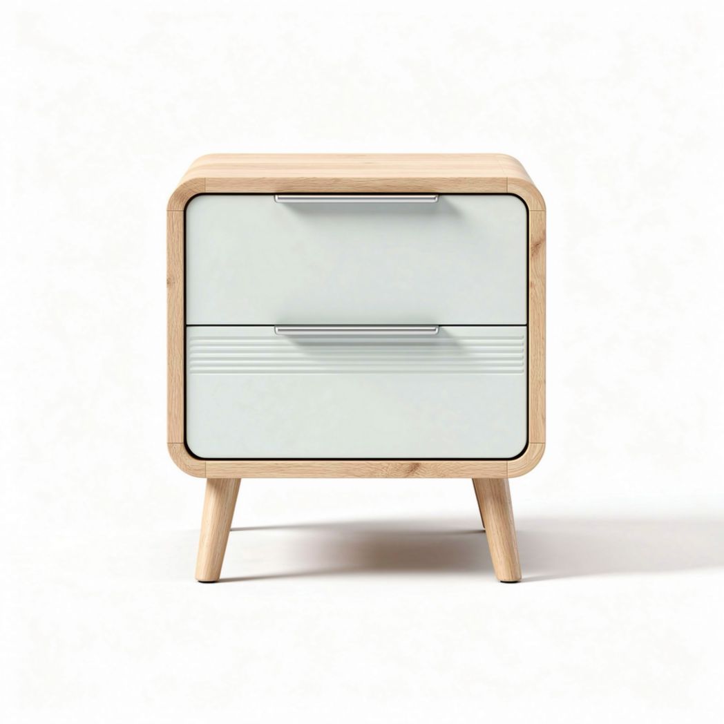 Wooden nightstand with two drawers and blue-green front panel 50 x 40 x 45cm