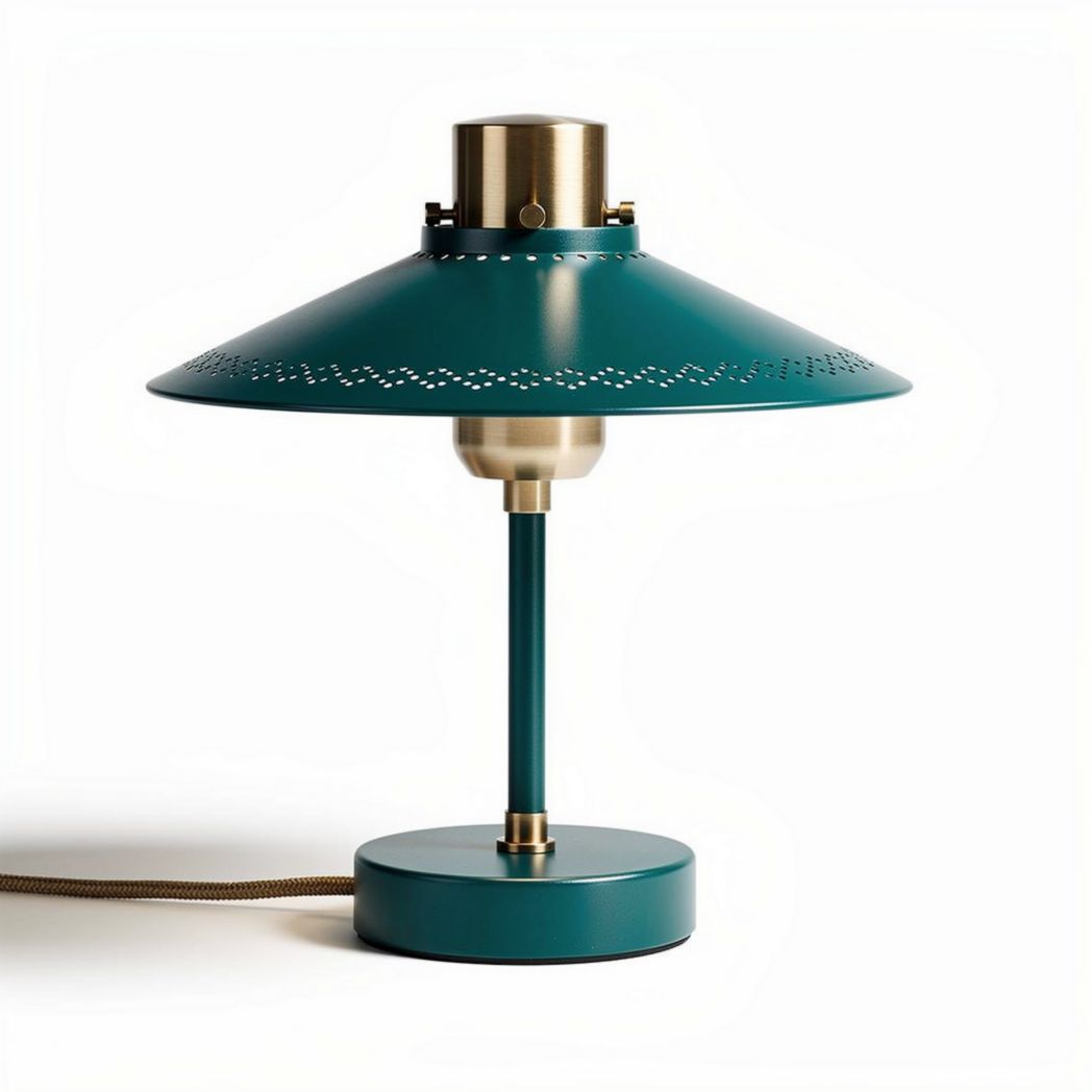 Metal table lamp with perforated shade in teal and brass finish 40 x 40 x 50cm