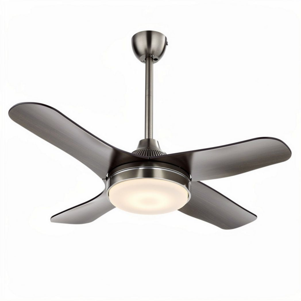 Ceiling fan with integrated light fixture in brushed nickel and dark wood finish