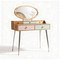 Bamboo vanity table with oval mirror and three drawers in pastel colors