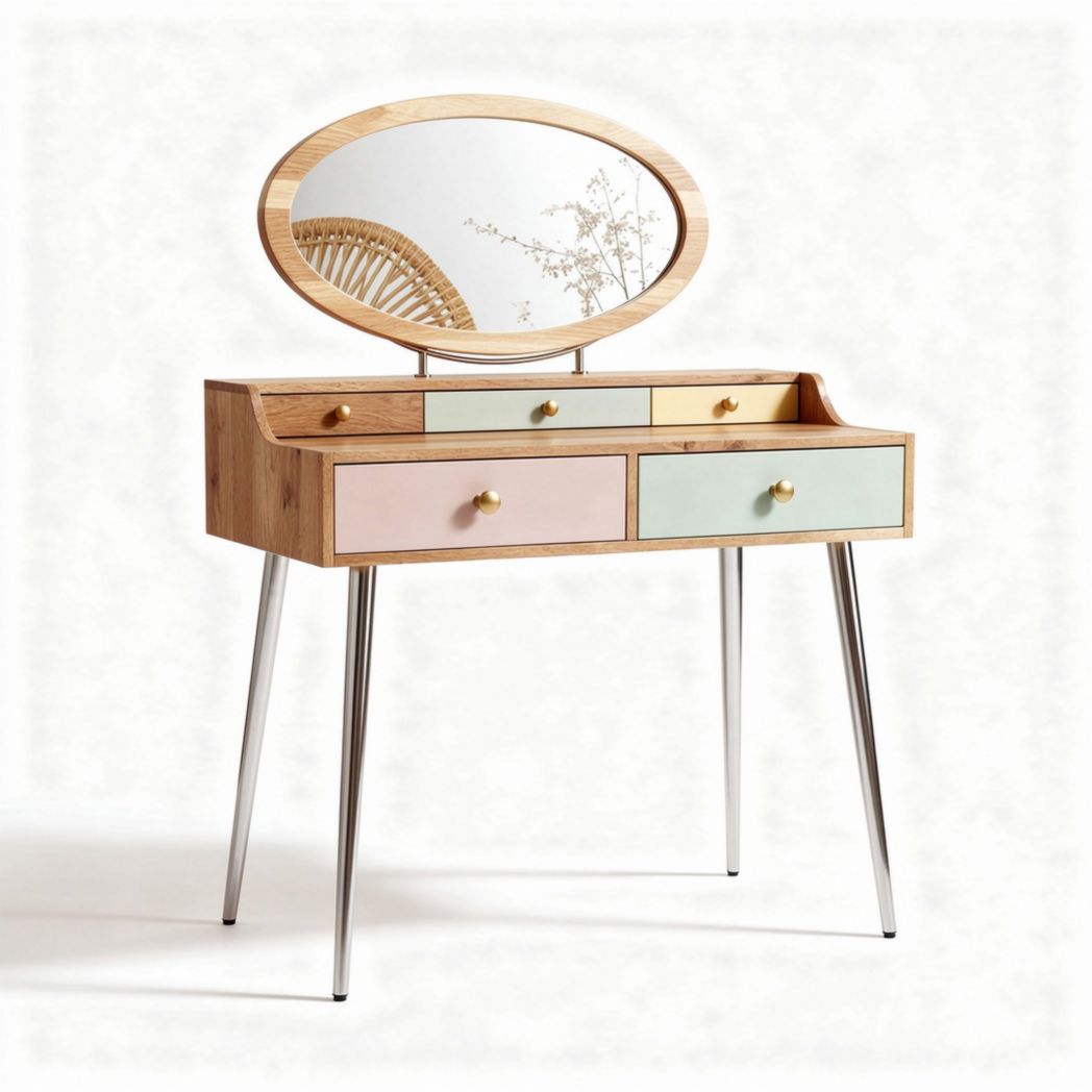 Bamboo vanity table with oval mirror and three drawers in pastel colors